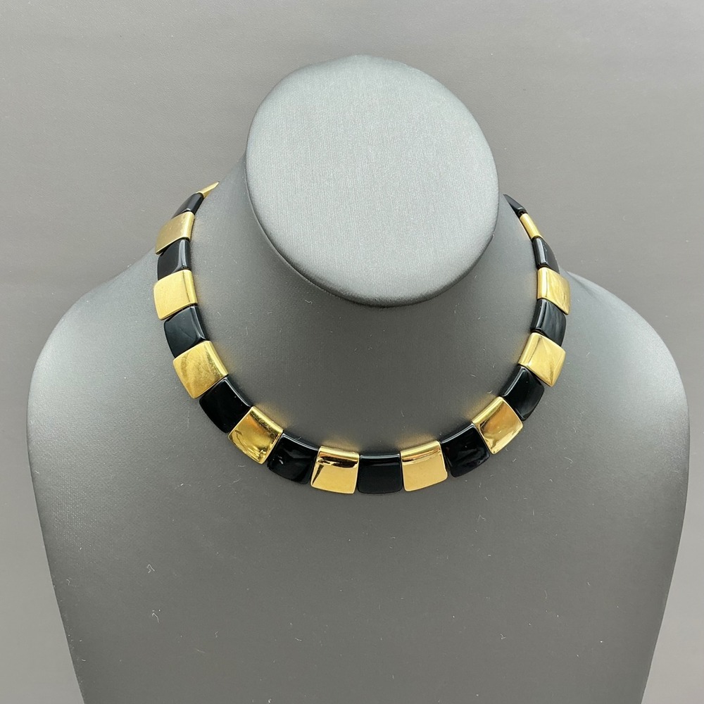 Monet Necklace Vintage Black Gold Tone Geometric Modernist Statement Collar 14"